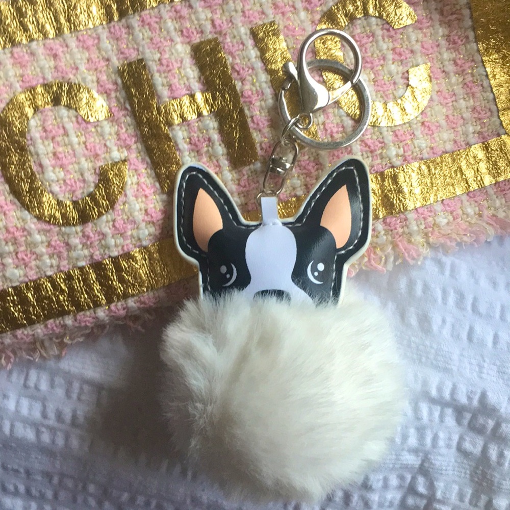 French Bulldog Keychain Pompom Fluffy Fur Ball Dog Keyring Holder Bag Charm New